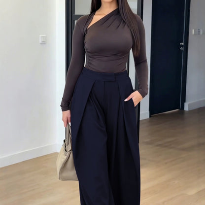 Pantalon large taille haute bleu marine, pan croisé devant