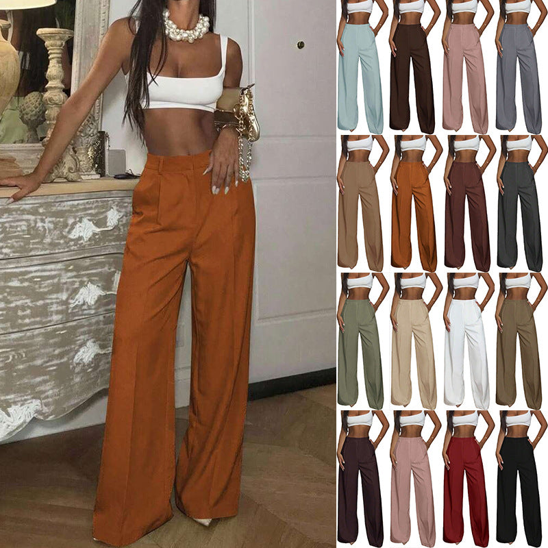 Pantalon large fluide femme coupe droite à pli, porté en rouille, avec aperçu des coloris