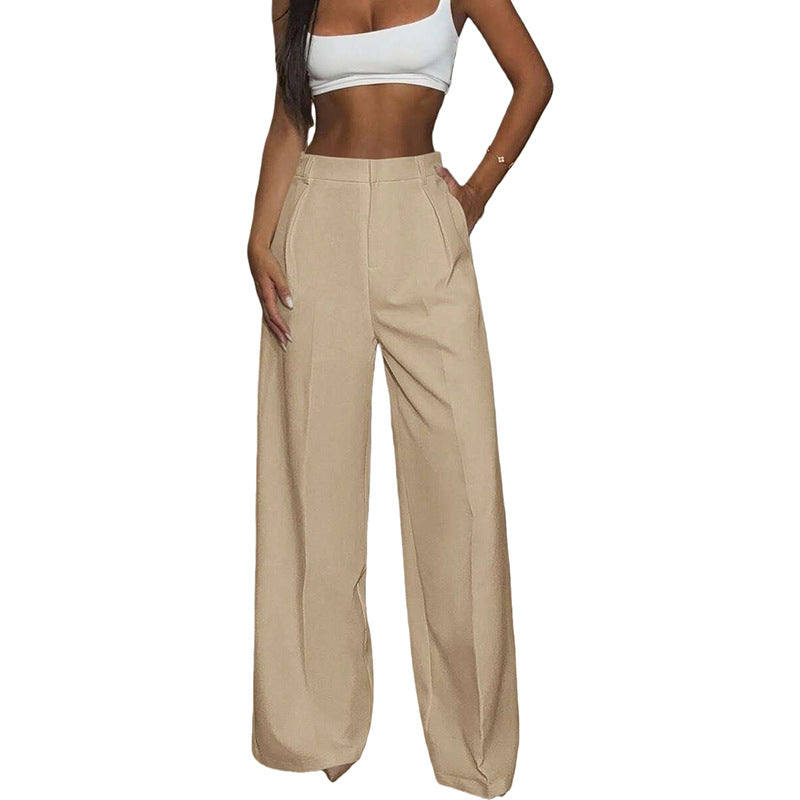 Pantalon large fluide femme beige sable, coupe droite à pli