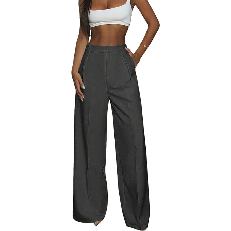 Pantalon large fluide femme gris anthracite, coupe droite à pli