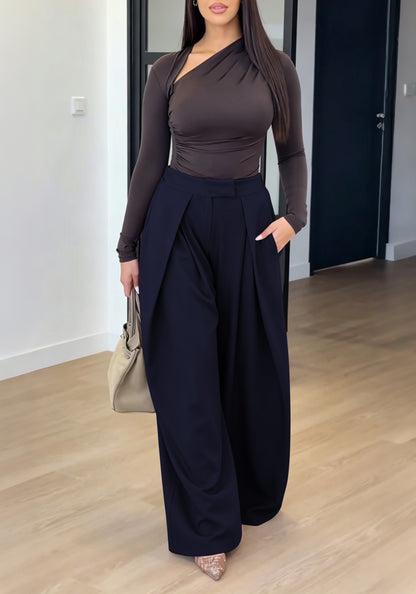 Pantalon large à pinces bleu marine, taille haute