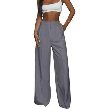 Pantalon large fluide femme gris clair, coupe droite à pli