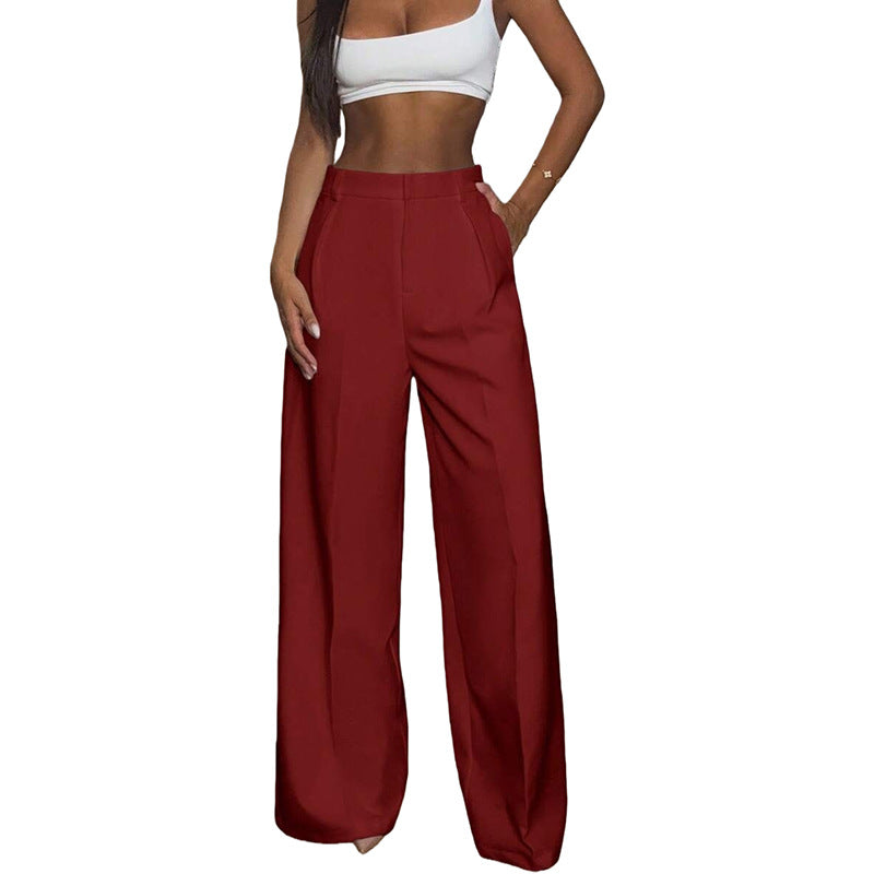 Pantalon large fluide femme bordeaux, coupe droite à pli
