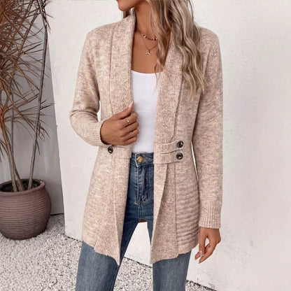 Gilet long col châle beige chiné en maille, pattes boutonnées
