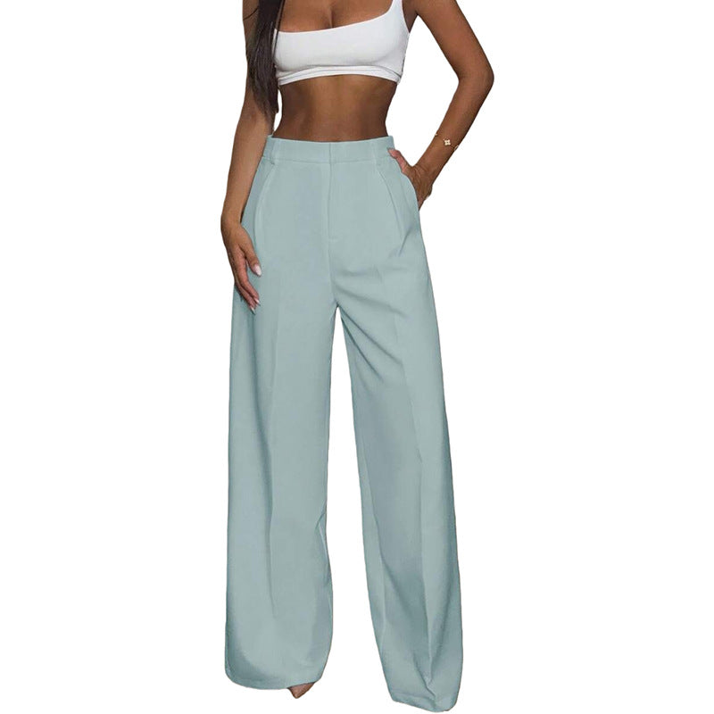 Pantalon large fluide femme bleu ciel, coupe droite à pli