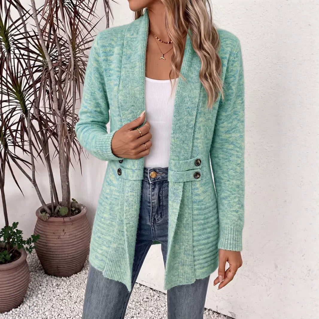 Gilet long col châle vert d'eau en maille, pattes boutonnées