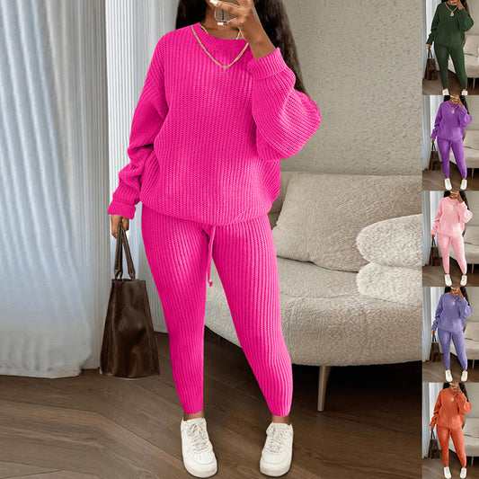 Ensemble 2 pièces en maille côtelée femme : pull ample et pantalon à cordon de serrage