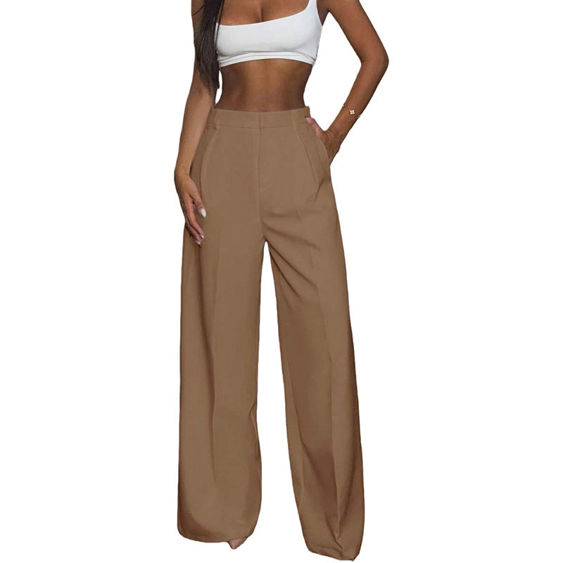 Pantalon large fluide femme camel, coupe droite à pli
