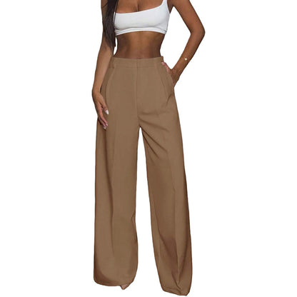 Pantalon large fluide femme camel, coupe droite à pli