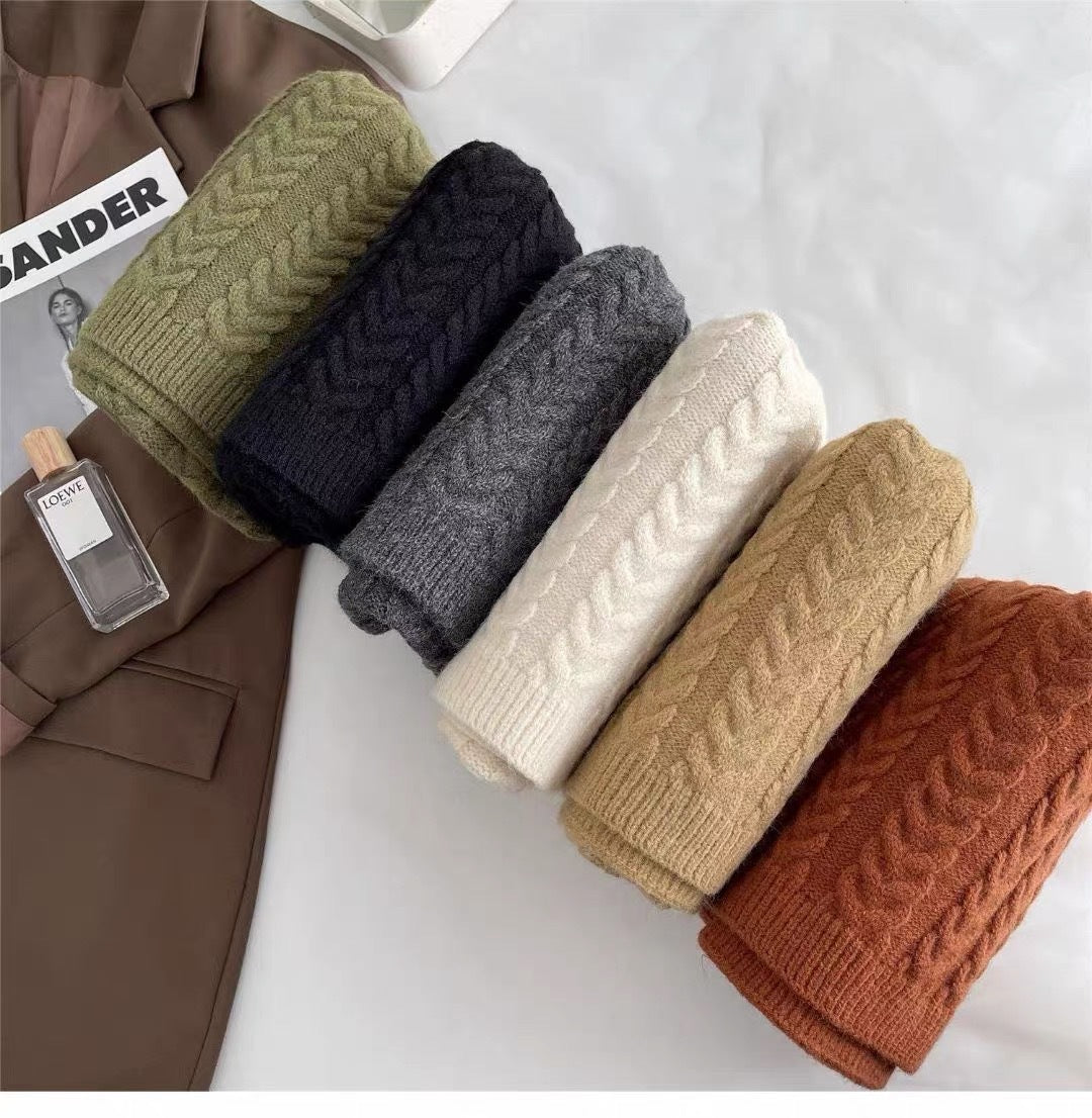 Écharpes en maille torsadée : vert olive, noir, gris anthracite, crème, miel et rouille