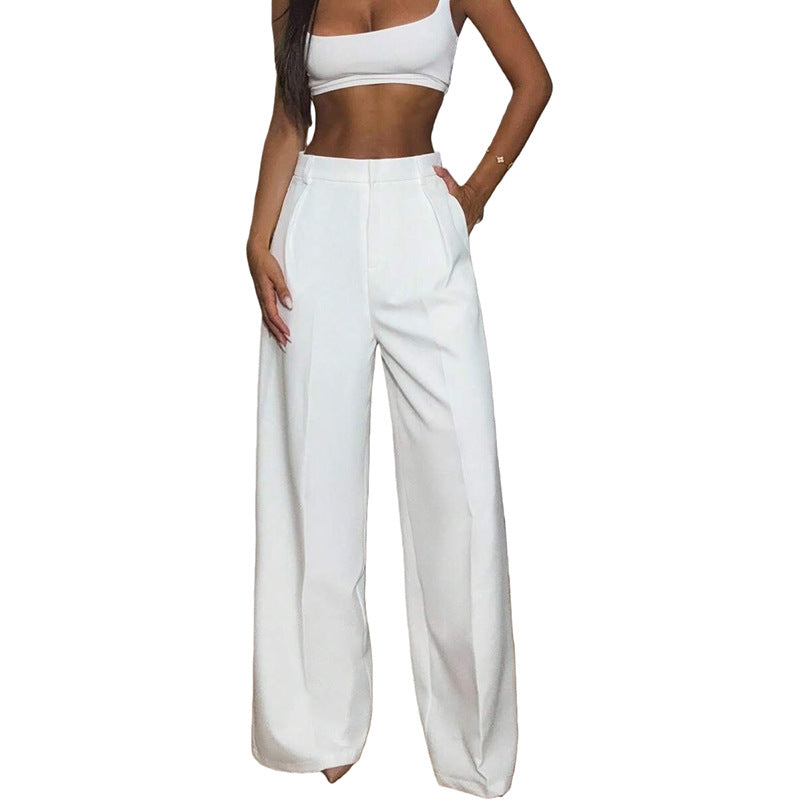 Pantalon large fluide femme blanc, coupe droite à pli