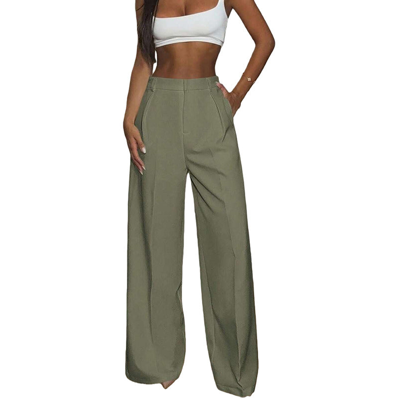 Pantalon large fluide femme vert sauge, coupe droite à pli