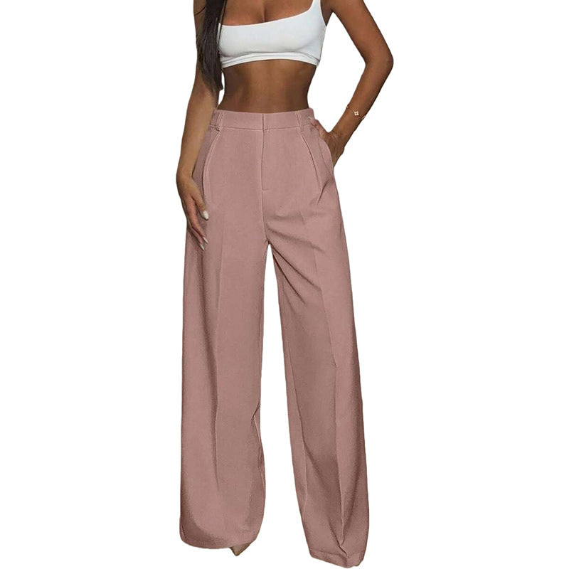 Pantalon large fluide femme rose poudré, coupe droite à pli