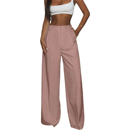Pantalon large fluide femme rose poudré, coupe droite à pli