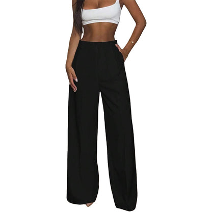 Pantalon large fluide femme noir, coupe droite à pli